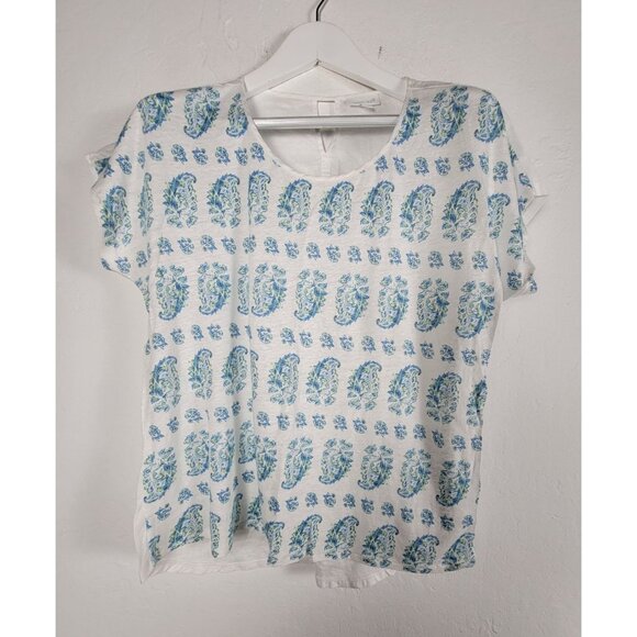 J. Jill Love Linen Womens White & Blue Paisley V-Neck Short Sleeve Top Medium - Picture 1 of 6